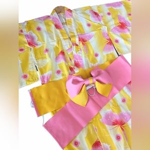 Japanese Womens Traditional YUKATA KIMONO Obi Belt Bow Set JAPAN Pink Butterfly